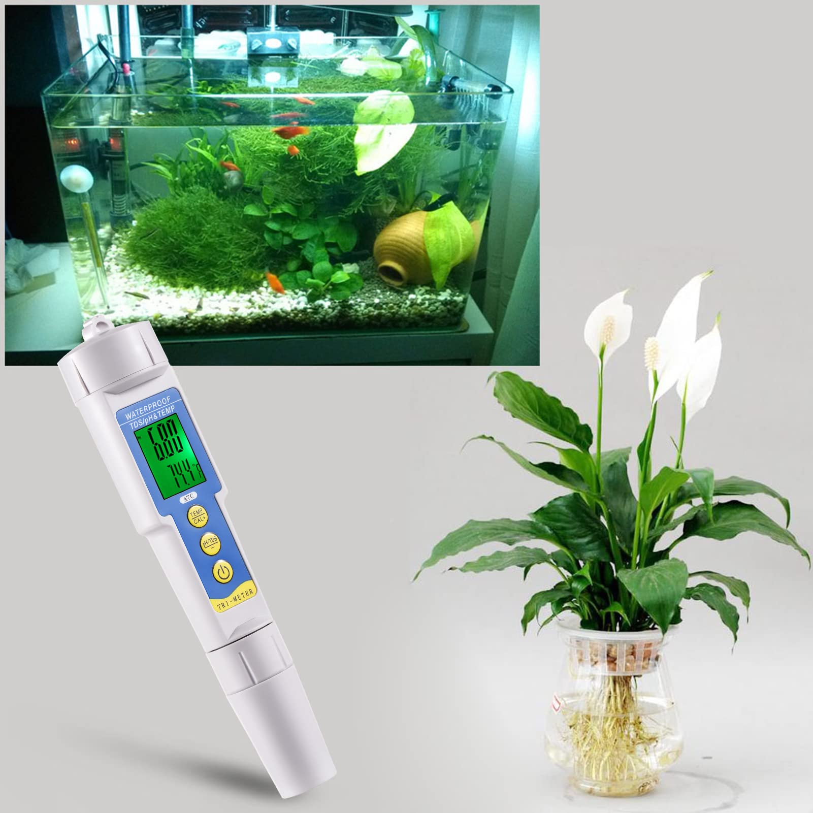 BUZHI pH & / Temp Meter, Mini Professional 3 in 1 Water Quality Tester Multi-Parameter Water Quality Monitor pH & Meter Acidometer Water Quality Analysis Device