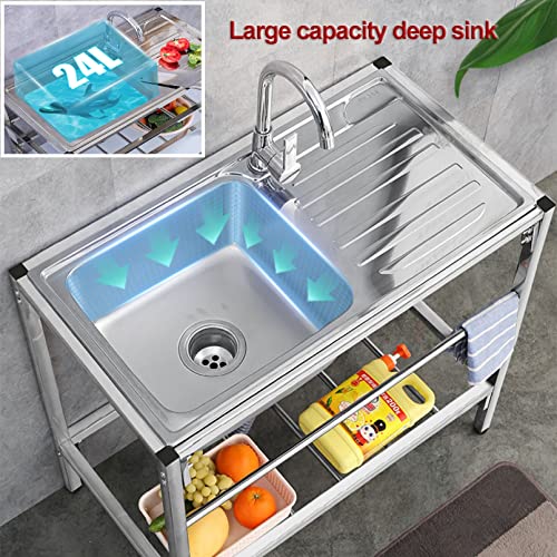 Utility Stainless Steel Single Bowl Kitchen Sink,Commercial Restaurant Movable Free-standing Sink,Laundry Sink,Portable Sink,with Faucet,Drainer,Drain Pipe,Storage Shelf,for Farmhouse,Outdoor,Garage (