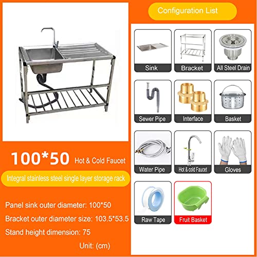 Utility Stainless Steel Single Bowl Kitchen Sink,Commercial Restaurant Movable Free-standing Sink,Laundry Sink,Portable Sink,with Faucet,Drainer,Drain Pipe,Storage Shelf,for Farmhouse,Outdoor,Garage (