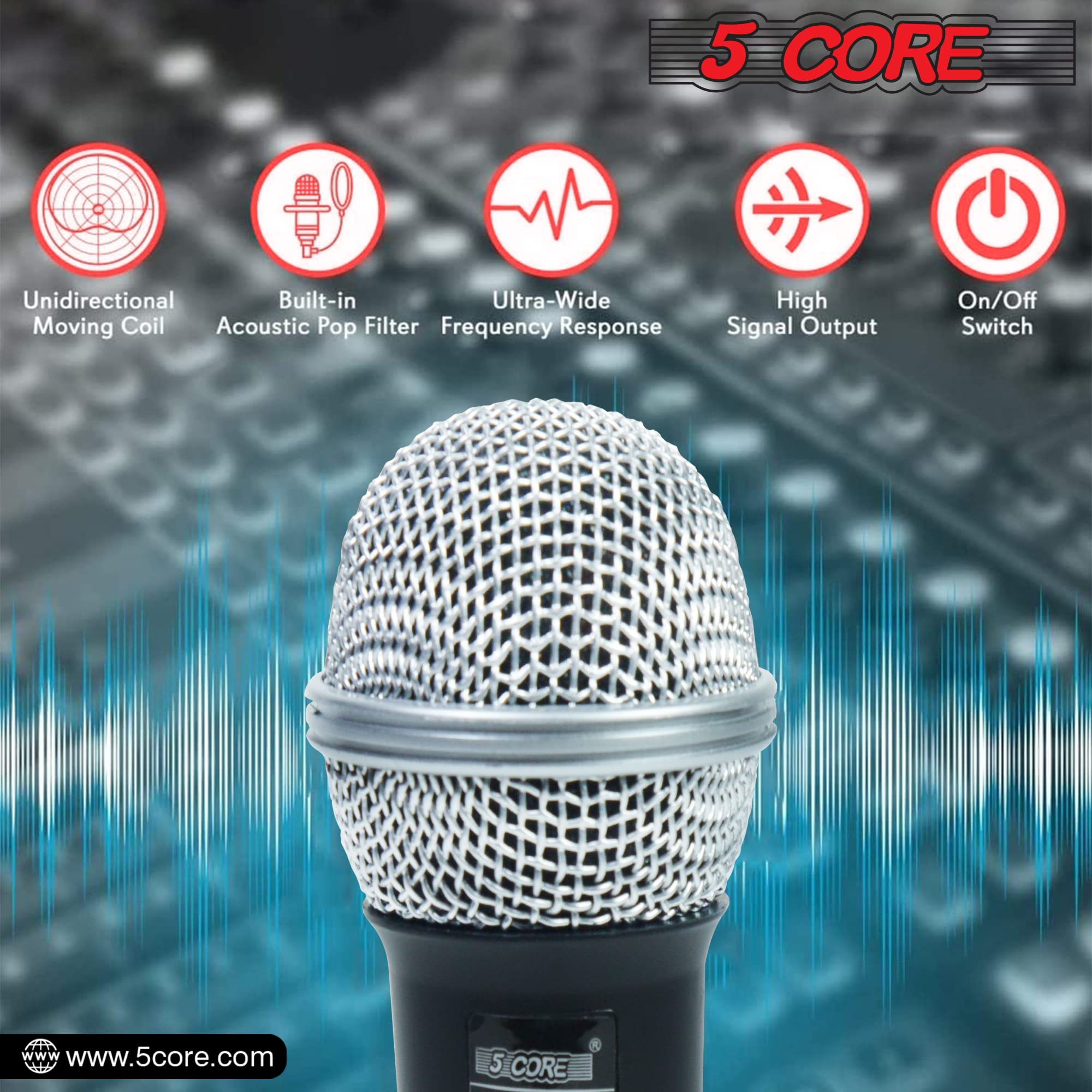 5 CORE Karaoke Microphone Dynamic Vocal Handheld Mic Pair Cardioid Unidirectional Microfono w On and Off Switch Includes XLR Audio Cable for Singing, Public Speaking & Parties PM 305 2PCS