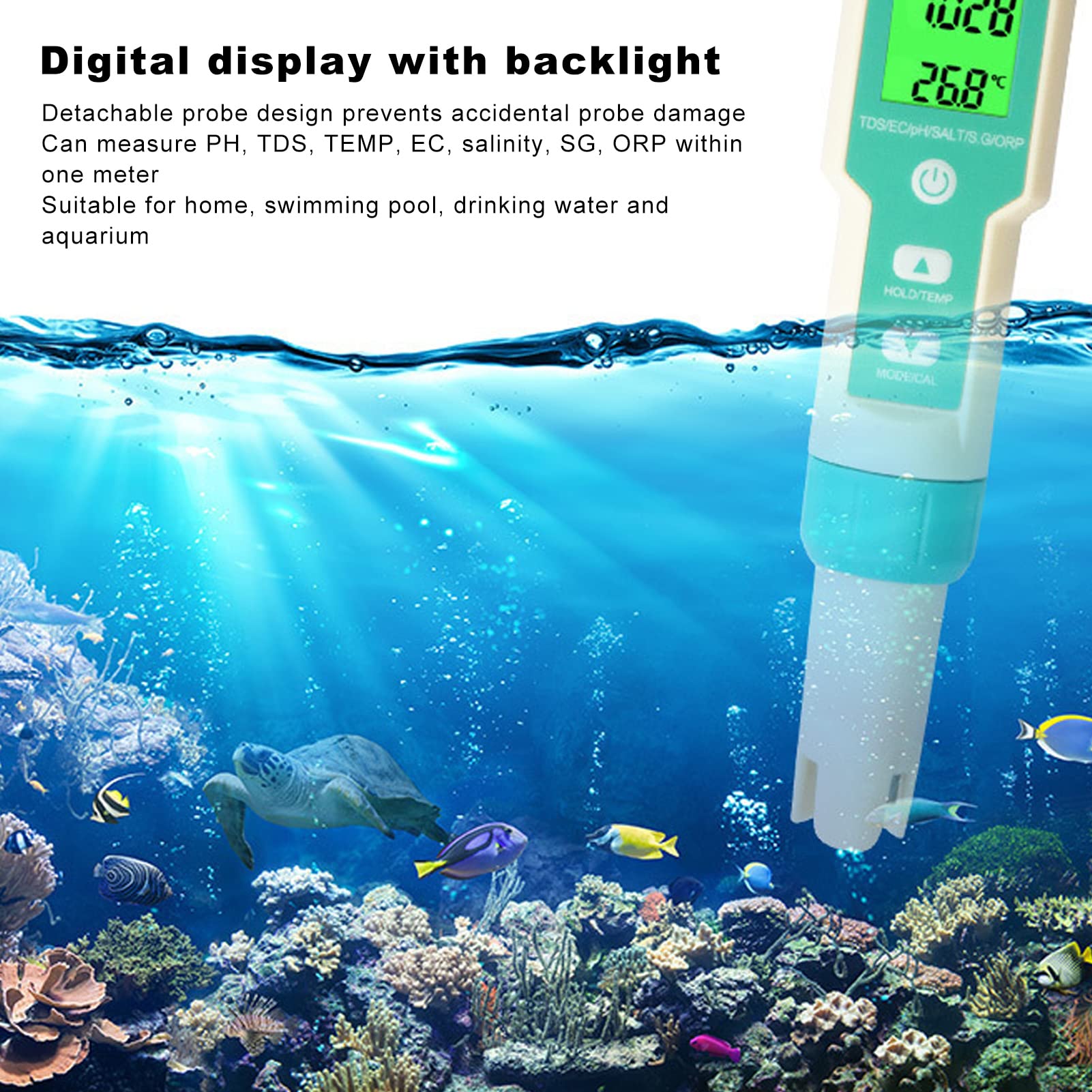 Digital Water Quality Meter, PH TDS Temperature EC Salinity SG ORP Water Quality Test Pen Backlit Display for Aquaculture