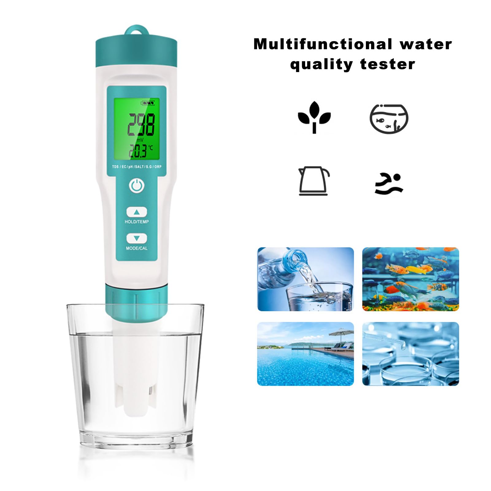 Digital Water Quality Meter, PH TDS Temperature EC Salinity SG ORP Water Quality Test Pen Backlit Display for Aquaculture