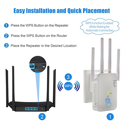 WiFi Extender, 1200Mbps WiFi Extenders Signal Booster for Home, WiFi Repeater Dual Band 2.4&5GHz, WiFi Booster and Signal Amplifier, with 4 * 3dBi Antennas/WAN/LAN Ethernet Port, Internet Booster