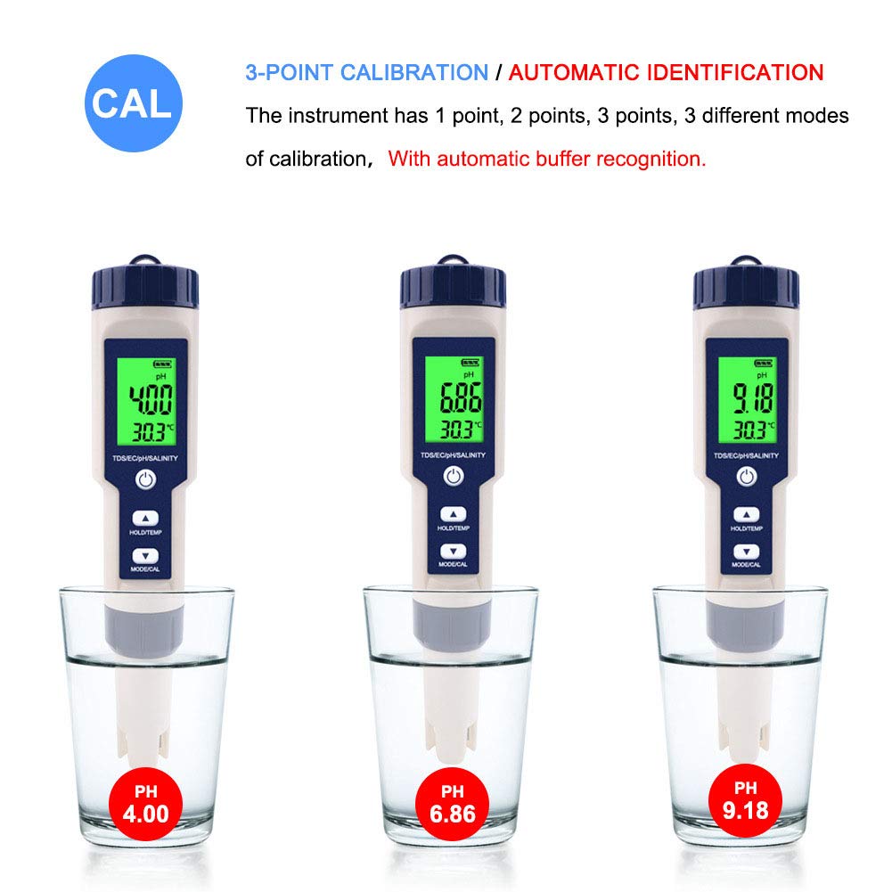 PH Meter EZ-9909 5 in 1 Function Digital PH Meter Water Quality Testing Meter PH Salinity TDS EC Tester with Backlight for Water