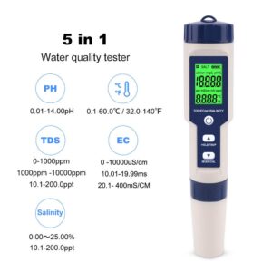 PH Meter EZ-9909 5 in 1 Function Digital PH Meter Water Quality Testing Meter PH Salinity TDS EC Tester with Backlight for Water