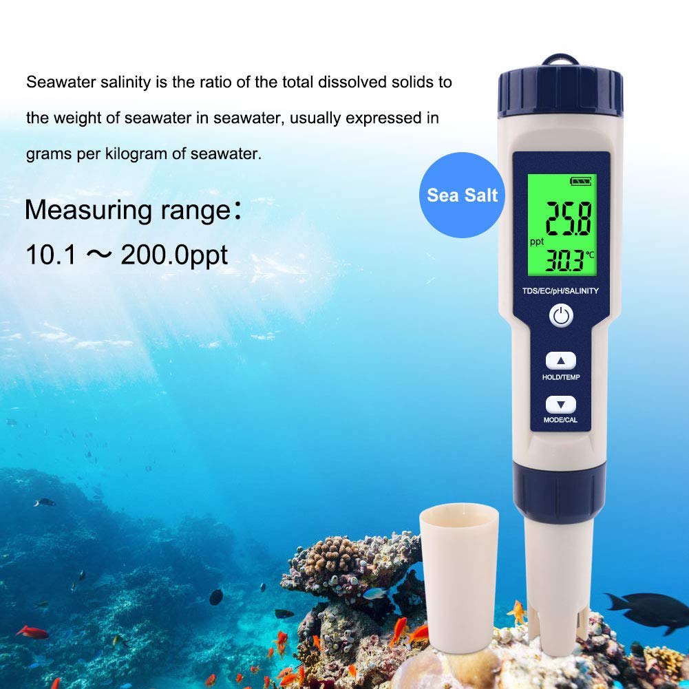 PH Meter EZ-9909 5 in 1 Function Digital PH Meter Water Quality Testing Meter PH Salinity TDS EC Tester with Backlight for Water