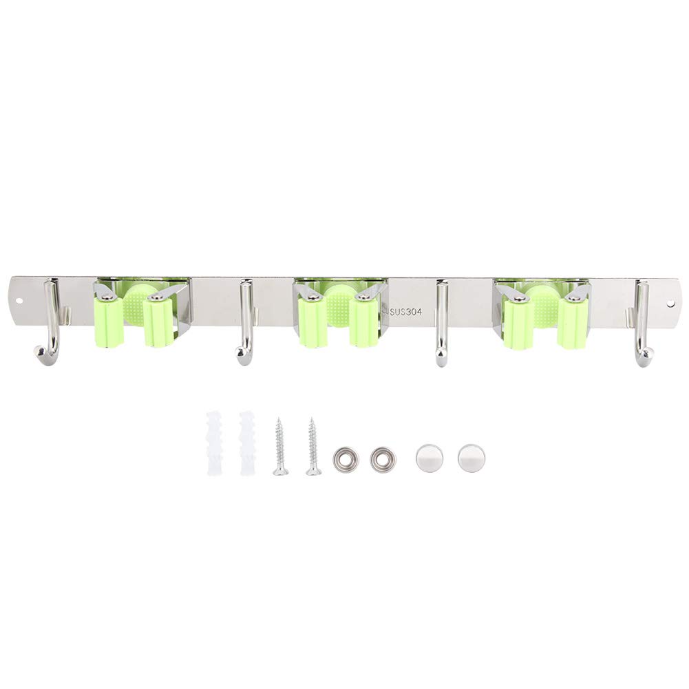 Pissente Mop Hanger Wall Broom Door with 3 Clips and 4 Hooks Hanging Stainless Steel Wallshade Mop Support for Balcony Garden Bathroom Kitchen