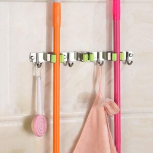 Pissente Mop Hanger Wall Broom Door with 3 Clips and 4 Hooks Hanging Stainless Steel Wallshade Mop Support for Balcony Garden Bathroom Kitchen