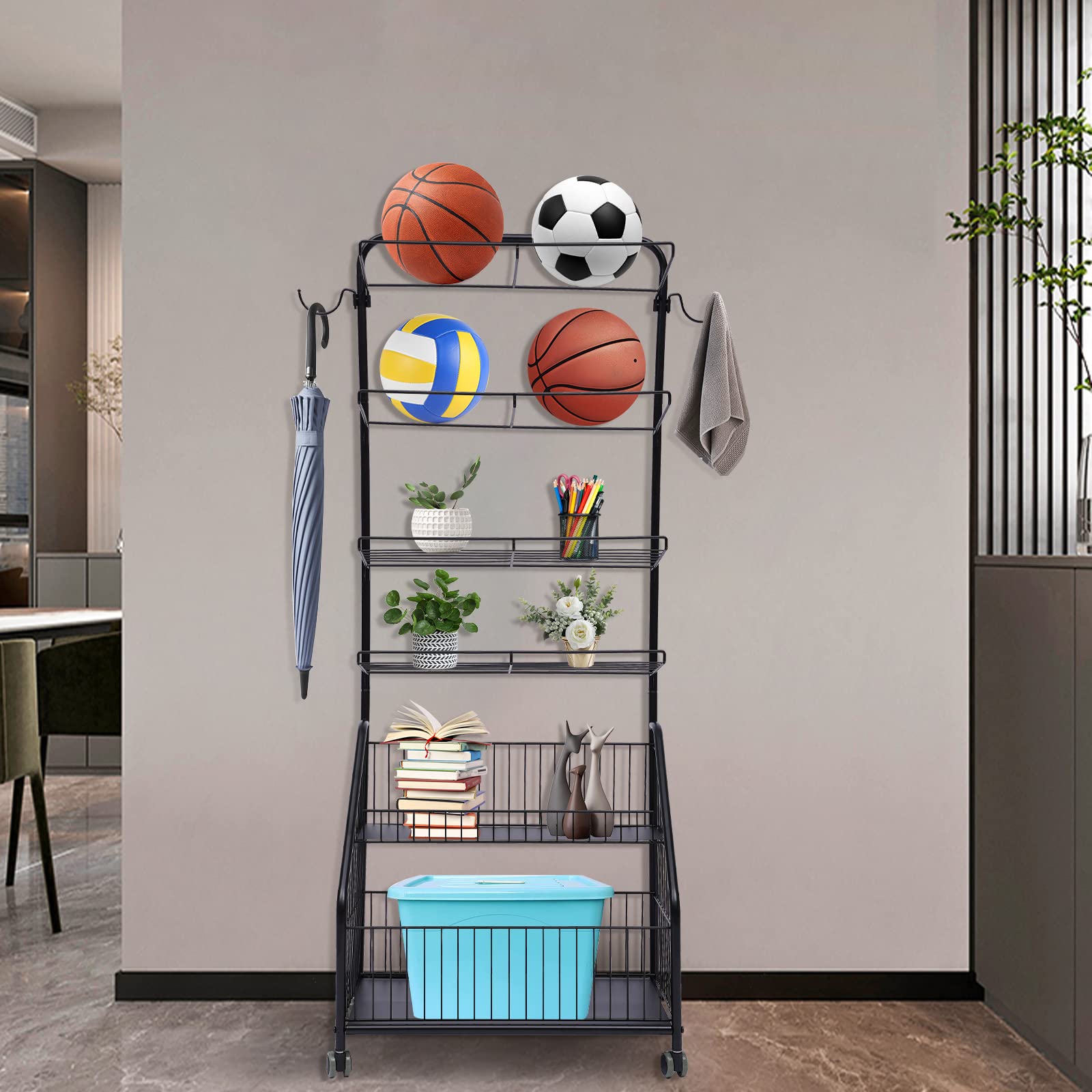 CNCEST 36.1x16.54x46.5inch Movable Sports Ball Storage Organizer, Sports Equipment Rack,2 Hooks+2 Storage Bins +4 Wire Basket Garage Glove Holder,for Garage/Storage Room