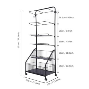 CNCEST 36.1x16.54x46.5inch Movable Sports Ball Storage Organizer, Sports Equipment Rack,2 Hooks+2 Storage Bins +4 Wire Basket Garage Glove Holder,for Garage/Storage Room