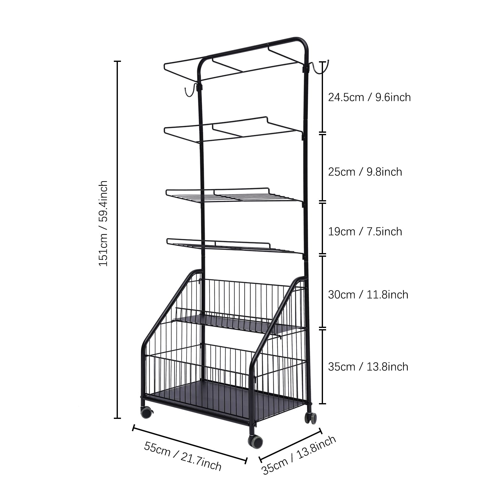 CNCEST 36.1x16.54x46.5inch Movable Sports Ball Storage Organizer, Sports Equipment Rack,2 Hooks+2 Storage Bins +4 Wire Basket Garage Glove Holder,for Garage/Storage Room