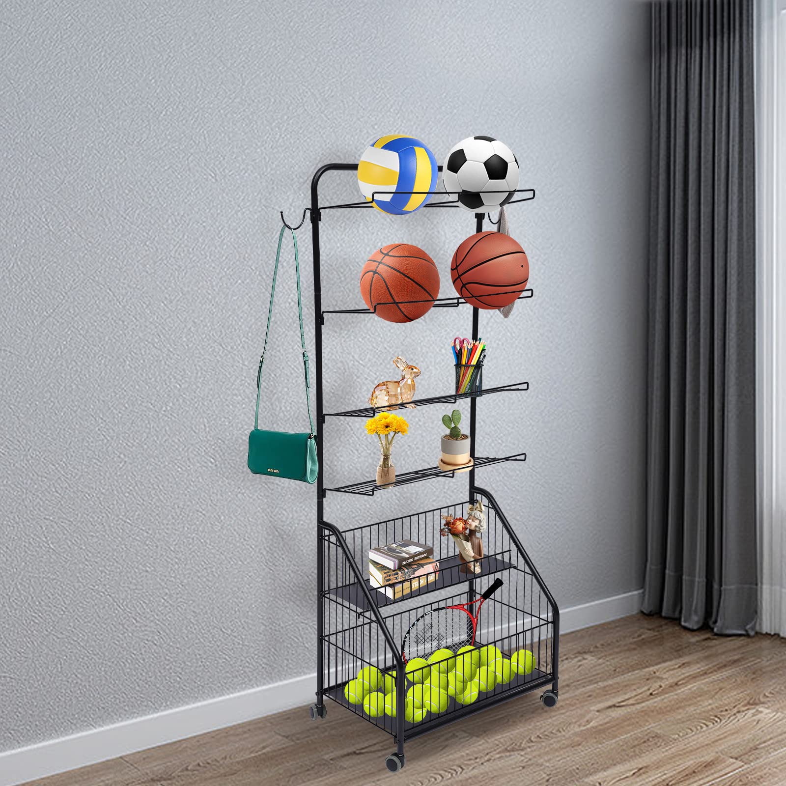 CNCEST 36.1x16.54x46.5inch Movable Sports Ball Storage Organizer, Sports Equipment Rack,2 Hooks+2 Storage Bins +4 Wire Basket Garage Glove Holder,for Garage/Storage Room