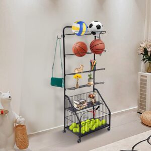 CNCEST 36.1x16.54x46.5inch Movable Sports Ball Storage Organizer, Sports Equipment Rack,2 Hooks+2 Storage Bins +4 Wire Basket Garage Glove Holder,for Garage/Storage Room