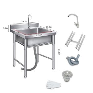 Utility Outdoor Sink for Washing, Stainless Steel Sink, with Faucet Drain, Storage Shelve Commercial Restaurant Sink for Laundry Garden Backyard Garage Outdoor (19.7"W x 19.7"D x 31.5"H)