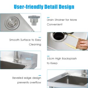 Utility Outdoor Sink for Washing, Stainless Steel Sink, with Faucet Drain, Storage Shelve Commercial Restaurant Sink for Laundry Garden Backyard Garage Outdoor (19.7"W x 19.7"D x 31.5"H)