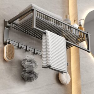 volpone bathroom towel rack towel shelf wall mounted foldable towel storage with towel bar hooks no assembly required 24-inch matte gray