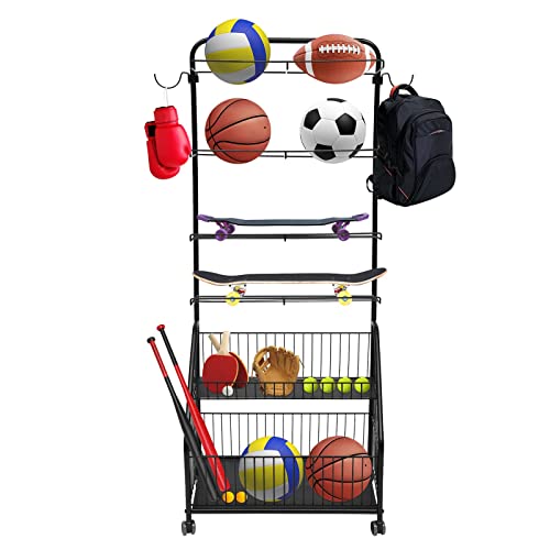 WANLECY 6 Layers Sports Rack for Garage, Rolling Ball Storage Holder on Wheels with Baskets and Hooks for Garage Ball Organize, Black