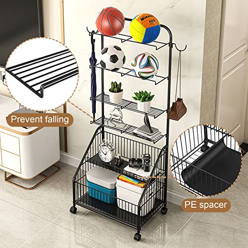 WANLECY 6 Layers Sports Rack for Garage, Rolling Ball Storage Holder on Wheels with Baskets and Hooks for Garage Ball Organize, Black