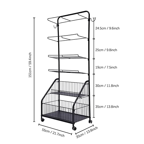 WANLECY 6 Layers Sports Rack for Garage, Rolling Ball Storage Holder on Wheels with Baskets and Hooks for Garage Ball Organize, Black