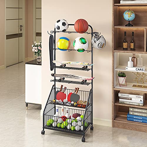 WANLECY 6 Layers Sports Rack for Garage, Rolling Ball Storage Holder on Wheels with Baskets and Hooks for Garage Ball Organize, Black