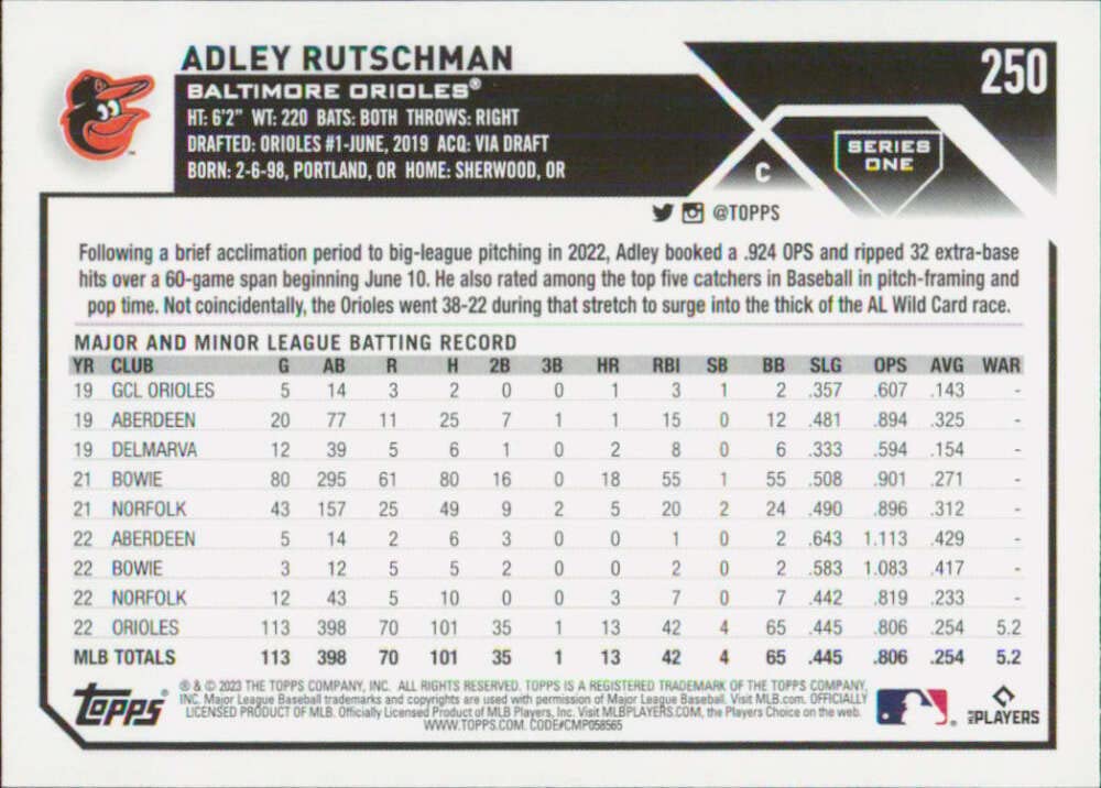 2023 Topps #250 Adley Rutschman RC Rookie Baltimore Orioles Baseball Trading Card