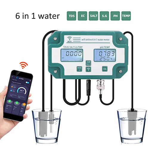 Water Quality Meter 6 in 1 PH TDS EC SG Salt Temperature Tester WiFi Connection Aquarium Thermometer for Environmental Water