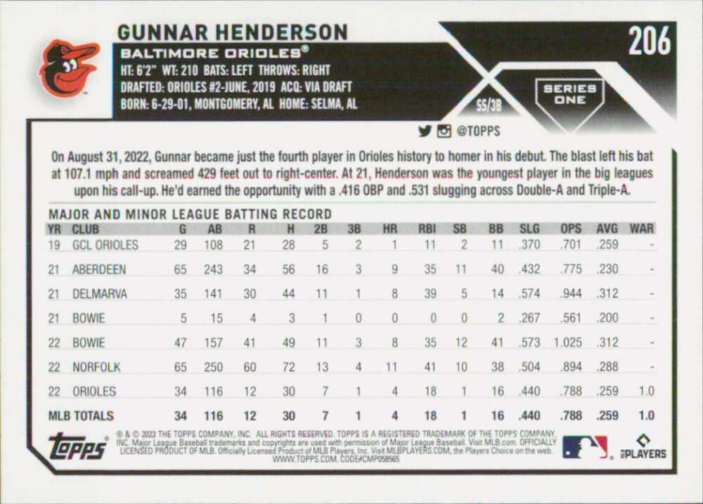 2023 Topps #206 Gunnar Henderson RC Rookie Baltimore Orioles Baseball Trading Card