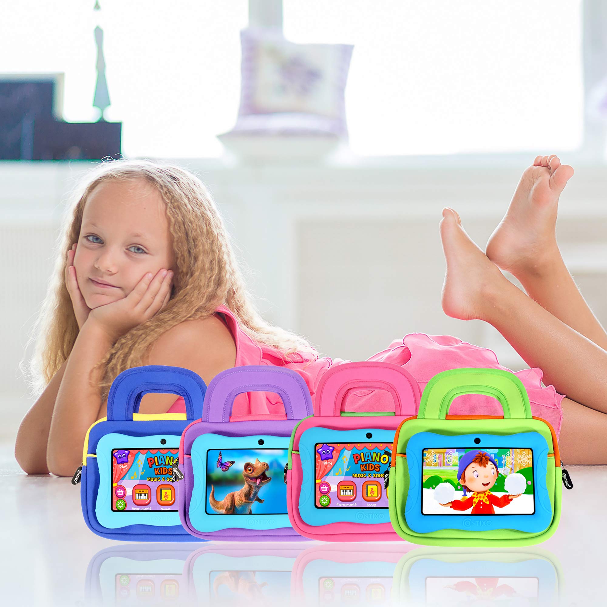 Contixo Kids Tablet V10, 7-inch HD, Ages 3-7, Toddler Tablet with Sleeve Bag Bundle, Learning Tablet Set for Children - Blue