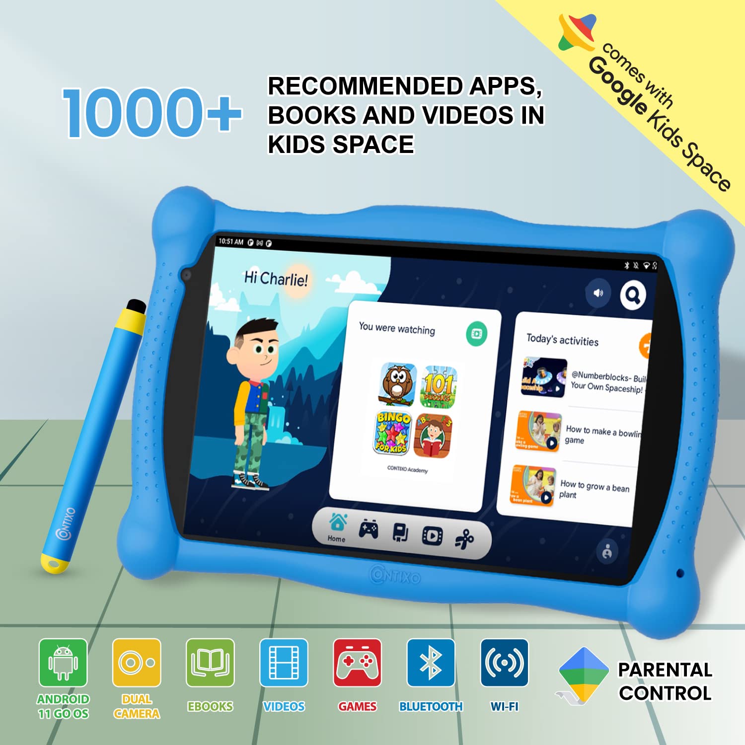 Contixo Kids Tablet V10, 7-inch HD, Ages 3-7, Toddler Tablet with Sleeve Bag Bundle, Learning Tablet Set for Children - Blue