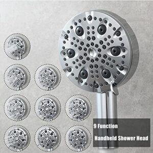 Yalsfowe High Pressure Handheld Shower Head, 9-Setting Showerhead with Filter, Detachable Showerhead Set with Hose, Bracket, Massage Shower Head, Hand Shower Set,Chrome