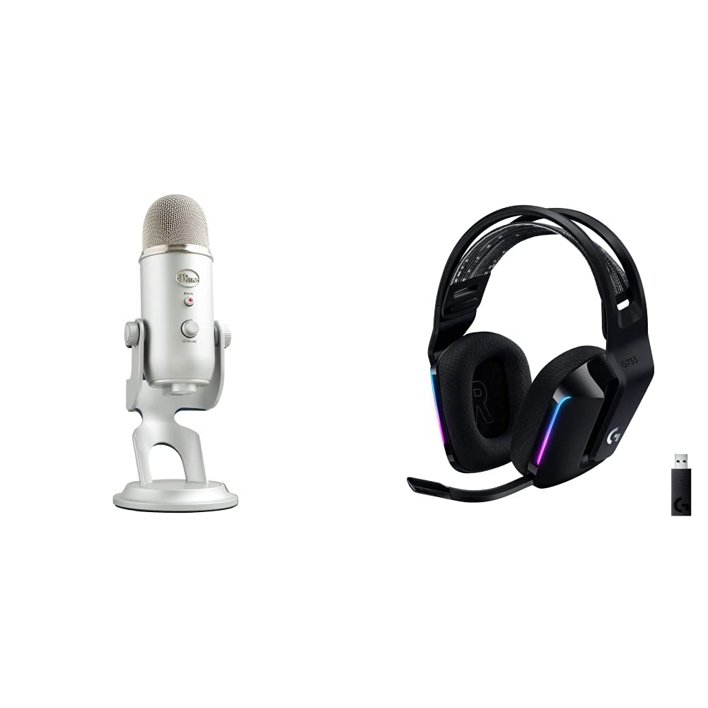 Blue Yeti USB Microphone for PC, Mac, Gaming, Recording, Streaming, and Podcasting + G733 Lightspeed Wireless Gaming Headset with Suspension Headband, Lightsync RGB, and PRO-G Audio - Silver