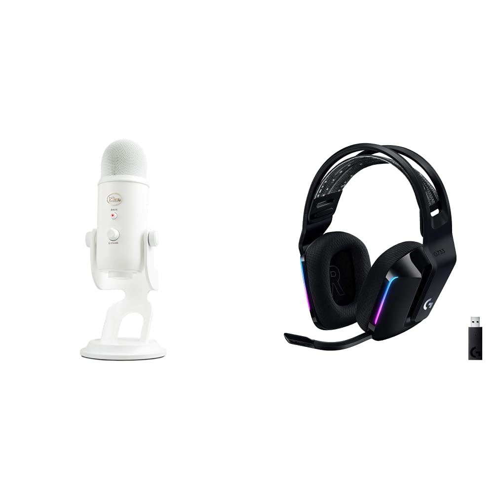 Blue Yeti USB Microphone for PC, Mac, Gaming, Recording, Streaming, and Podcasting + G733 Lightspeed Wireless Gaming Headset with Suspension Headband, Lightsync RGB, and PRO-G Audio - Whiteout