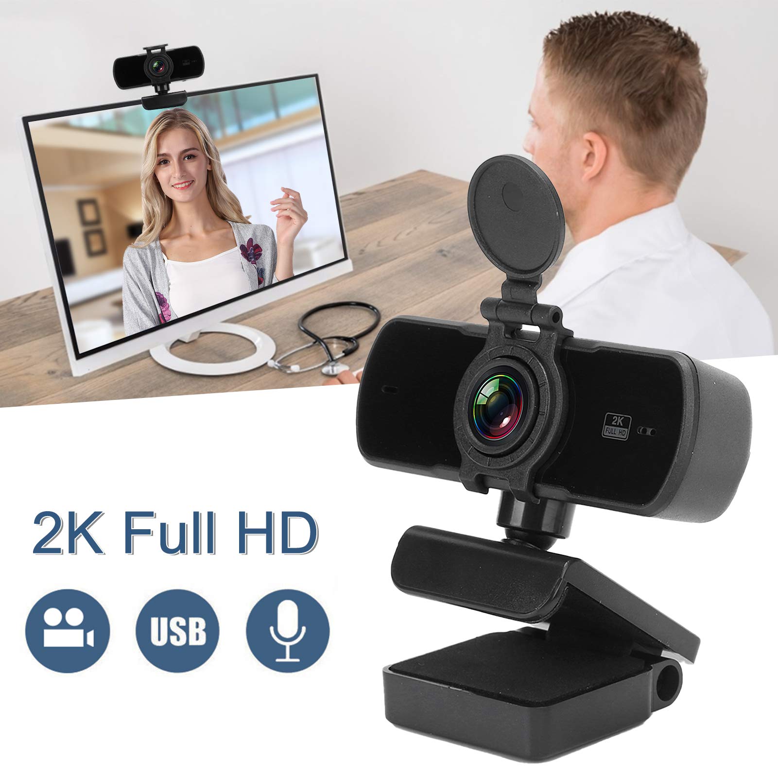 Mini USB Webcam, 2K Full HD Mini Webcam with Microphone, Support 4 Million HD Pixels and 360 Degree Rotation, for Video Conference Live Net Class, for PC Computer Laptop (pc-05)