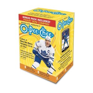 2022-23 nhl o-pee-chee opc hockey factory sealed blaster box 72 cards 9 packs of 8 cards per pack. four retro cards per box, collect exclusive yellow border cards produced by upper deck. great rookie class includes matty beniers and boldy