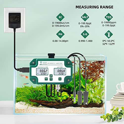 BUZHI Water Quality Tester, 6 in 1 Water Quality Tester Multi-Parameter Water Quality Monitor Digital PH/Total Dissolved Solids/EC/SG/Salt/Temp Meter for Aquarium Aquaculture Swimming Pool