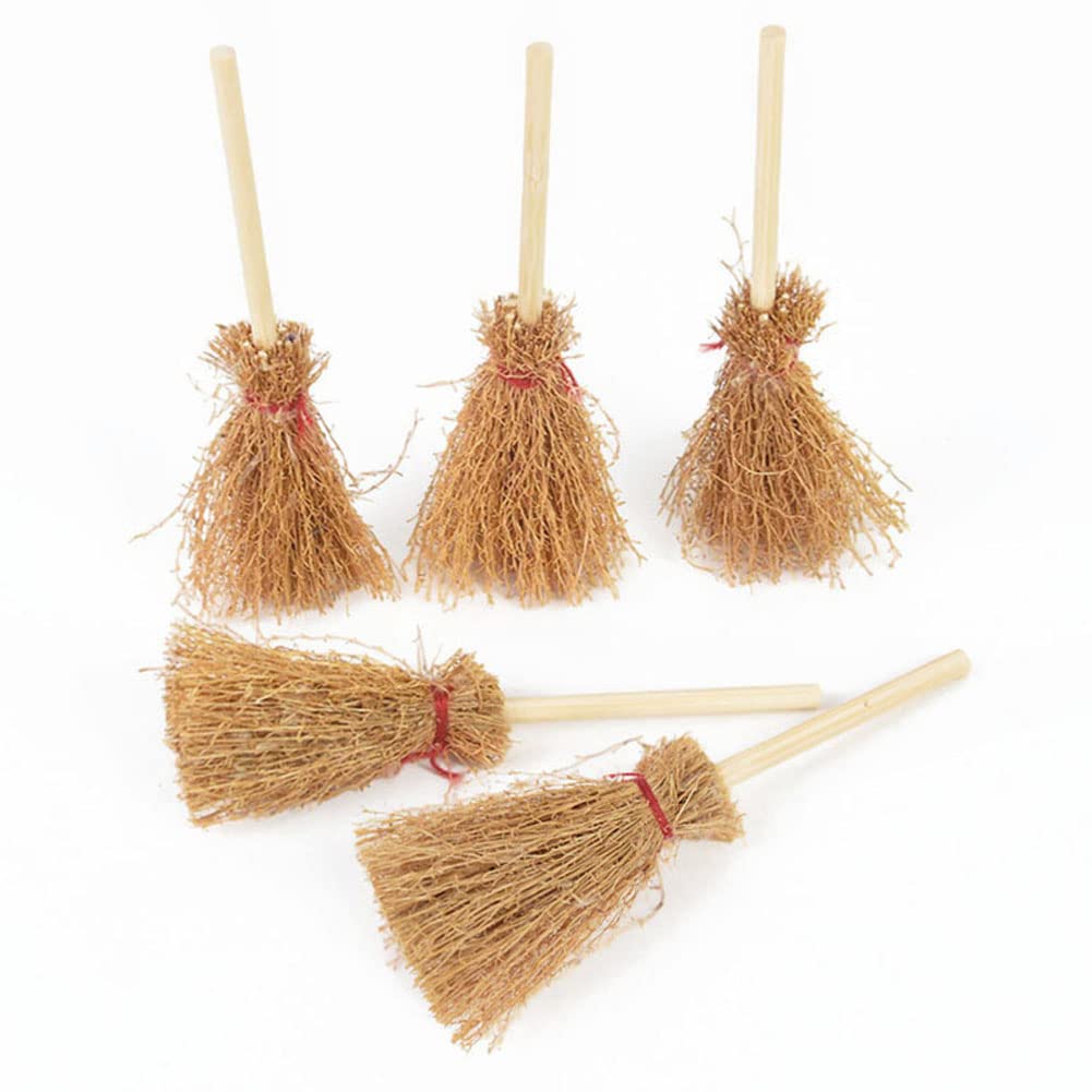 20pcs Mini Straw Brooms with Red Ropes Miniature Artificial Broom Halloween Straw Craft Decoration for Costume Cosplay Halloween Party Decorative Accessory Hangings Decorations