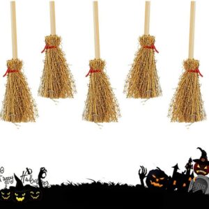 20pcs Mini Straw Brooms with Red Ropes Miniature Artificial Broom Halloween Straw Craft Decoration for Costume Cosplay Halloween Party Decorative Accessory Hangings Decorations