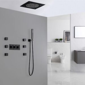 luxury ceiling mounted 9-color led 4-way complete rain and spray shower system with 6 body jets and showerhead black matte