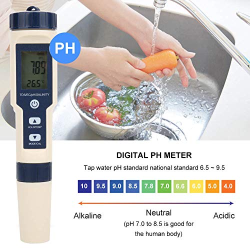 PH Meter, 5 in 1 Portable Digital PH Salinity Temp TDS EC Meter Multifunctional Water Quality Tester Detector for Garden, Home, Laboratory, Farm, Aquarium