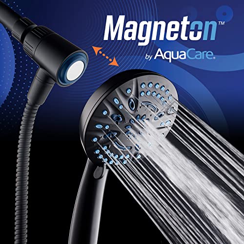 Magneton by AquaCare High-Pressure 8-mode Handheld Shower Head with Magnetic Guidance Docking System - 2 Magnetic Brackets, 5 inch Face, Hygienic Jets, 6 ft. Stainless Steel Hose/Matte Black Finish