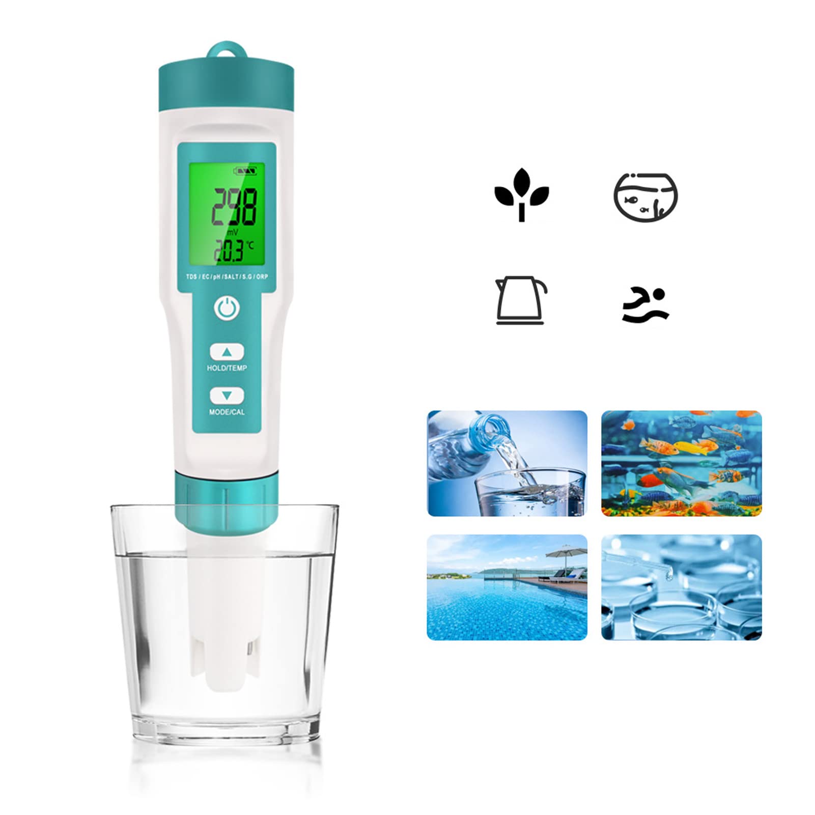 Water Quality Testing Pen, Digital Water Quality Meter Multifunctional Waterproof Backlight Display PH TDS Temperature EC Salinity SG ORP for Aquaculture