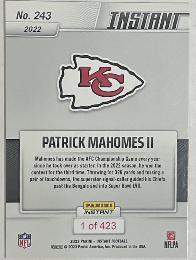 2022 Panini Instant AFC Champions Kansas City Chiefs Team Set -24 Total Cards including Patrick Mahomes, Isiah Pacheco, McKinnon, JuJu Smith-Schuster, Valdes-Scantling, Skyy Moore , Travis Kelce, Orlando Brown, Joe Thuney, Creed Humphrey, Trey Smith, Andr