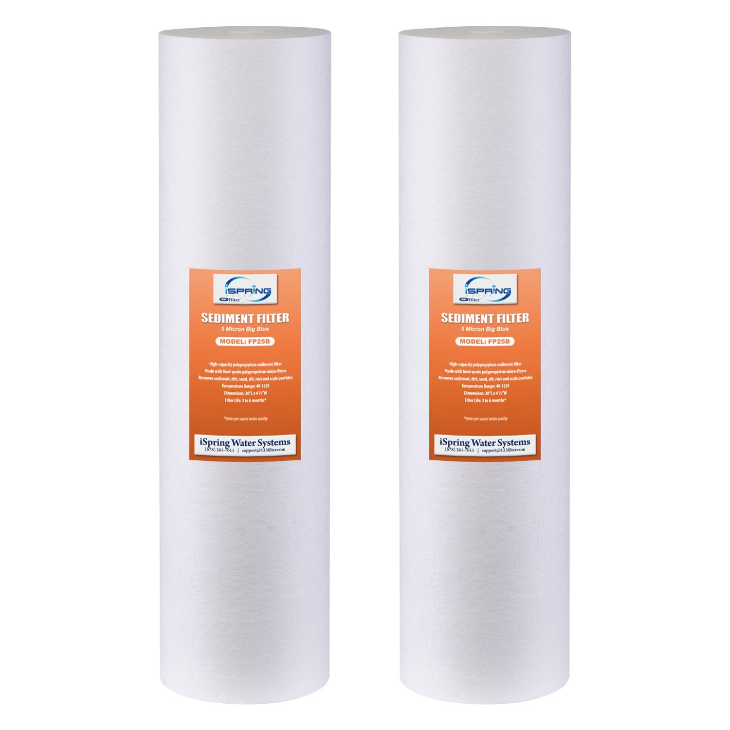 iSpring 5-Micron 20” x 4.5” Whole House Water Filter Cartridges, High Capacity Sediment Filter, Model Number: FP25BX2