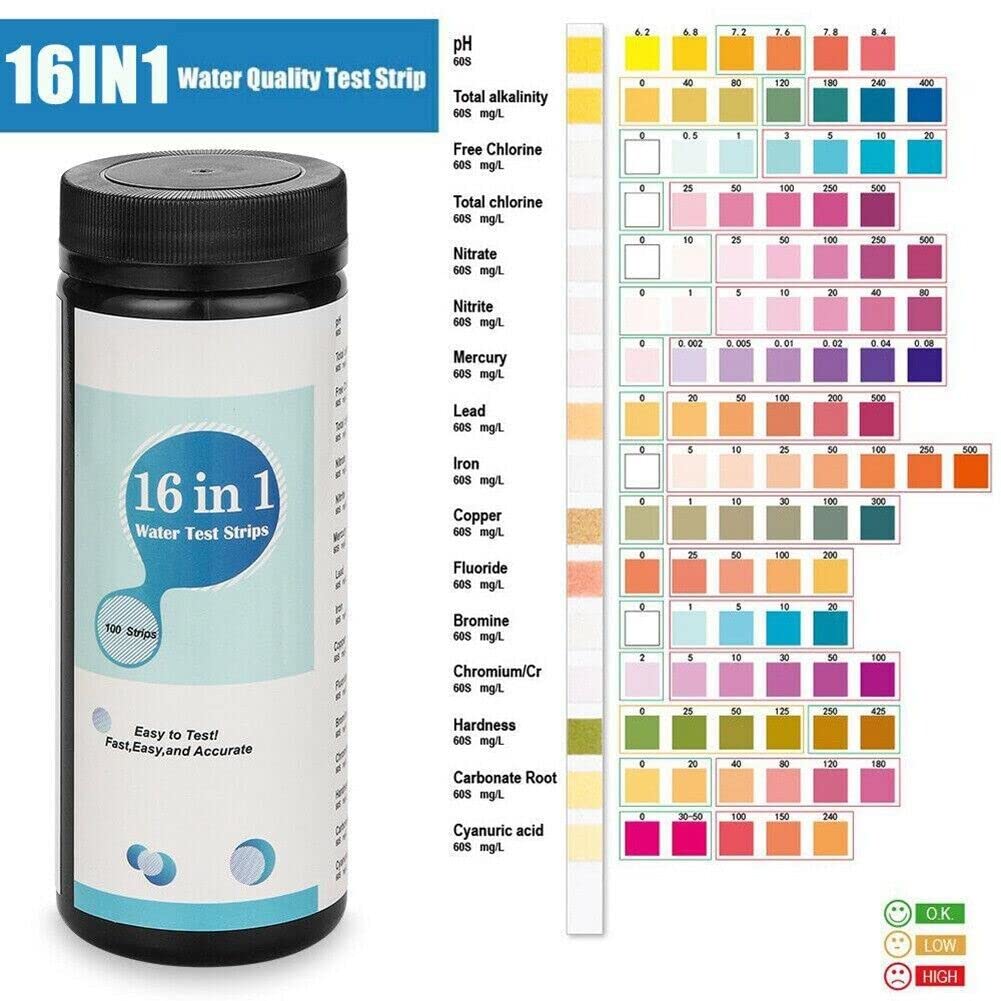 KAKAA 16 in 1 Drinking Water Test Kit Test Strips detect pH Hardness Chlorine Lead Iron Copper Nitrate Nitrite Home Water Purity Test Strips for Aquarium Pool Well Tap Water (50 PCS)