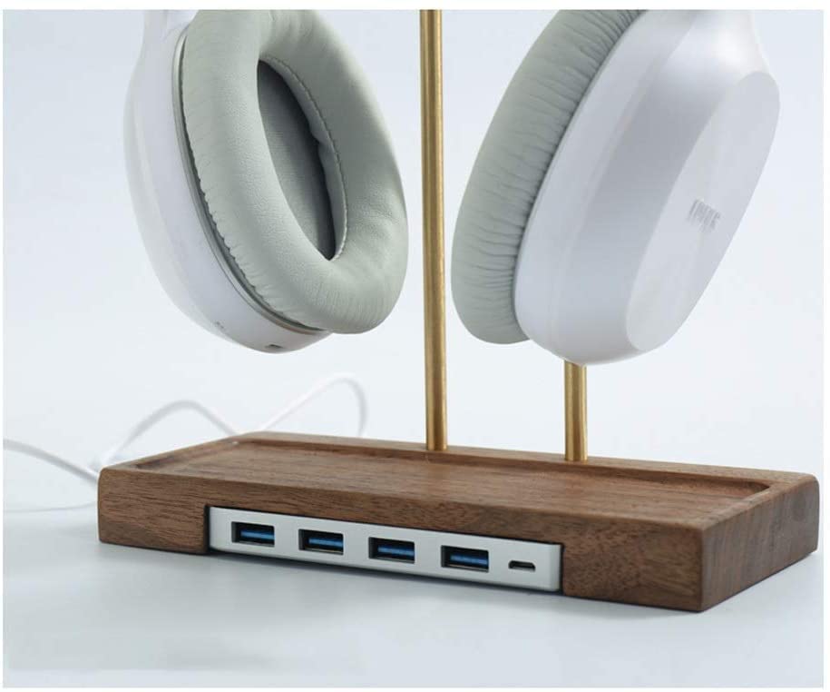 ANIIC Headset Stand Wooden Headphone Stand Brass Creative Black Walnut Headphone Shelf Bracket Headset Headphone Holder Earphone Rack Headphone Stand ( Color : B- with USB )