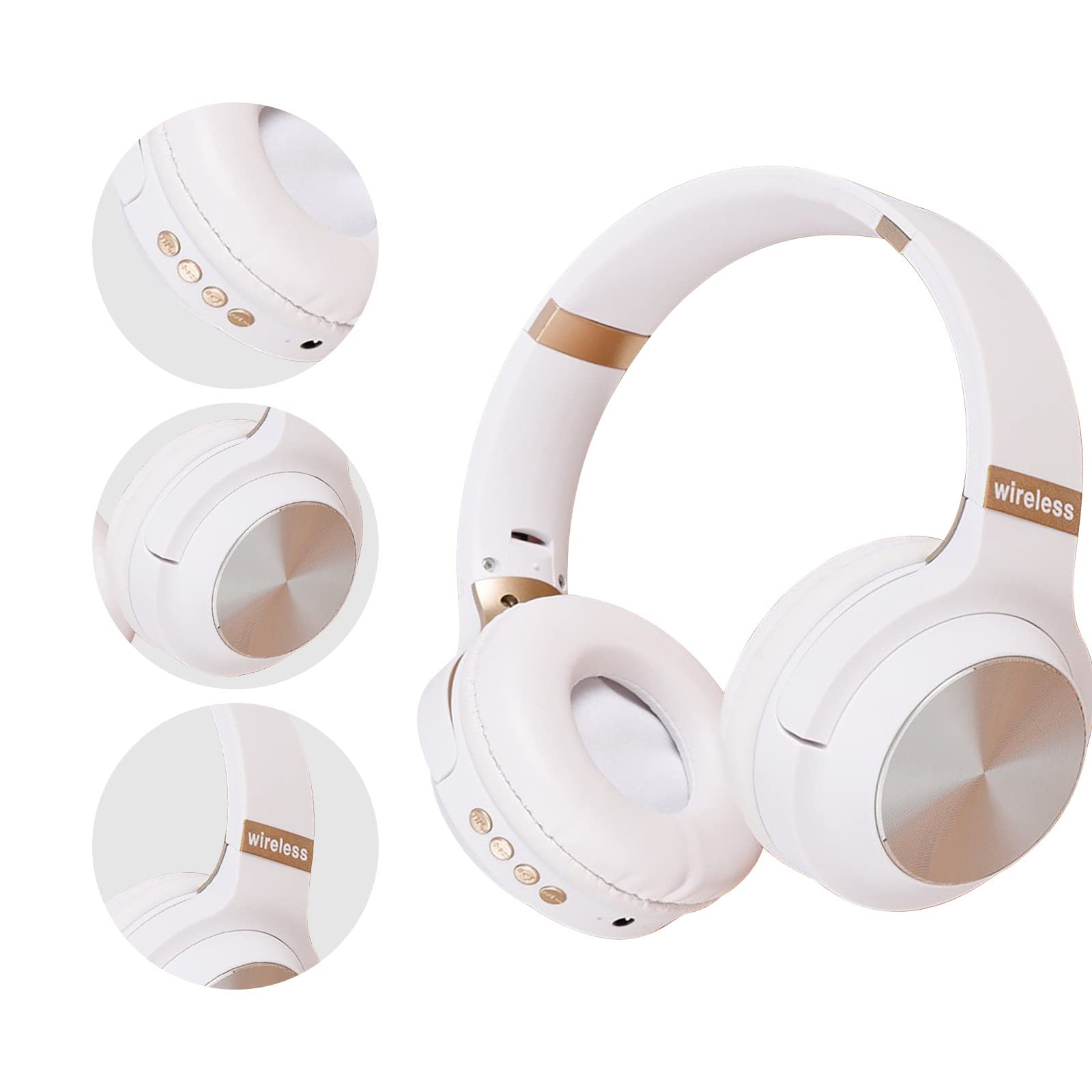 VKEKIEO Bluetooth Over-Ear Headphones, Wireless/Wired Foldable Headsets with FM Pluggable Card, Stereo Sound Headphones Allow to Adjust The Wearing Size for Travel Work (White)