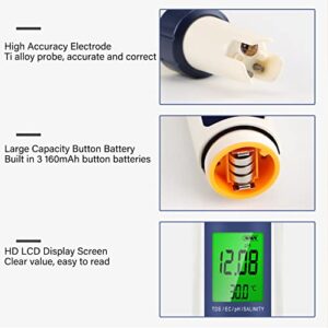 Deosdum 5 in 1 Water Quality Tester Digital PH Salinity Temperature TDS EC Detection Meter Portable Pen Type