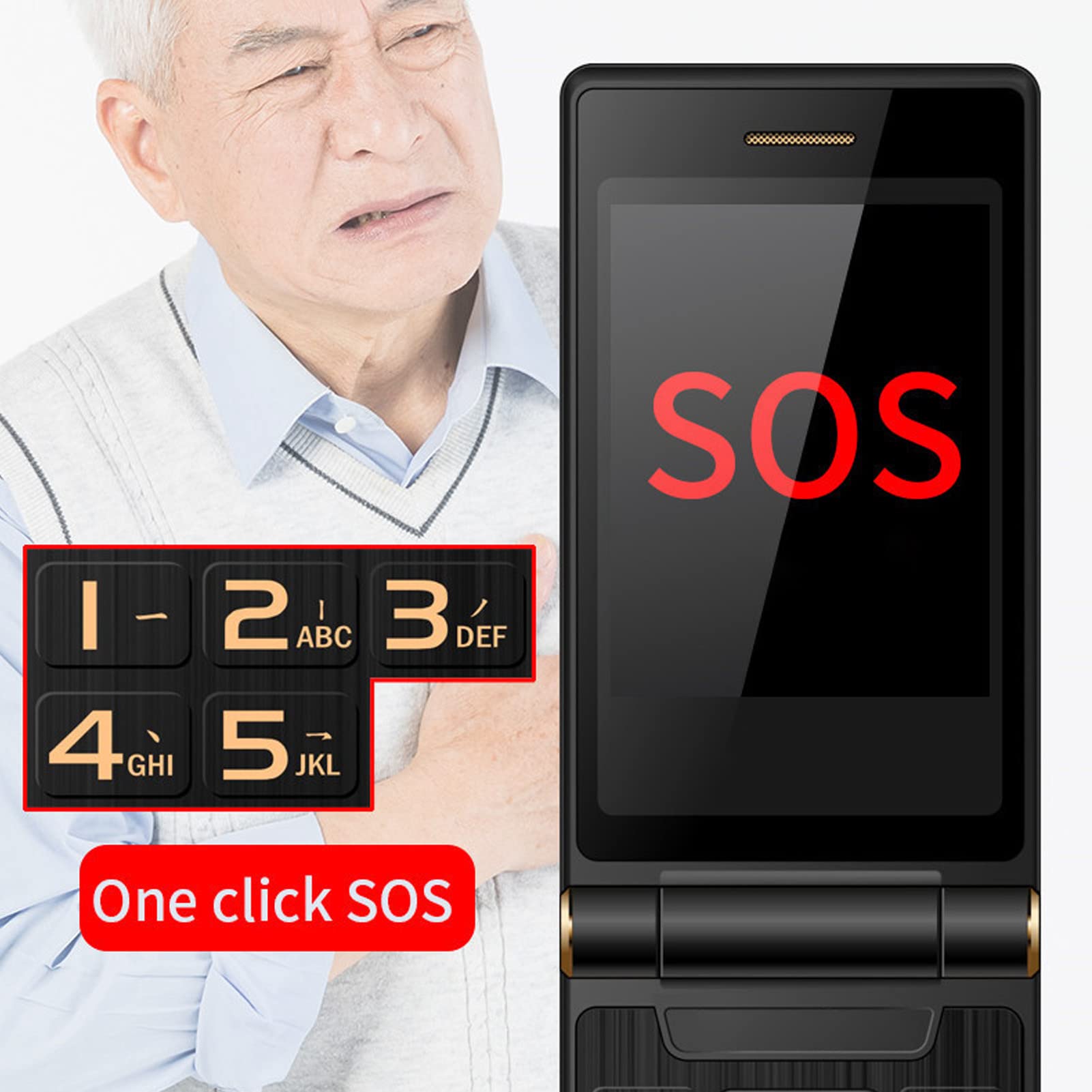 Yunseity Senior Flip Phone, HD Dual Screens SOS Buttons Large Fonts Loude Volume Easy Mobile Phone, 8 Family Numbers Flip Cellphone with Flashlight Radio E Book for Elderly Kids (Black)