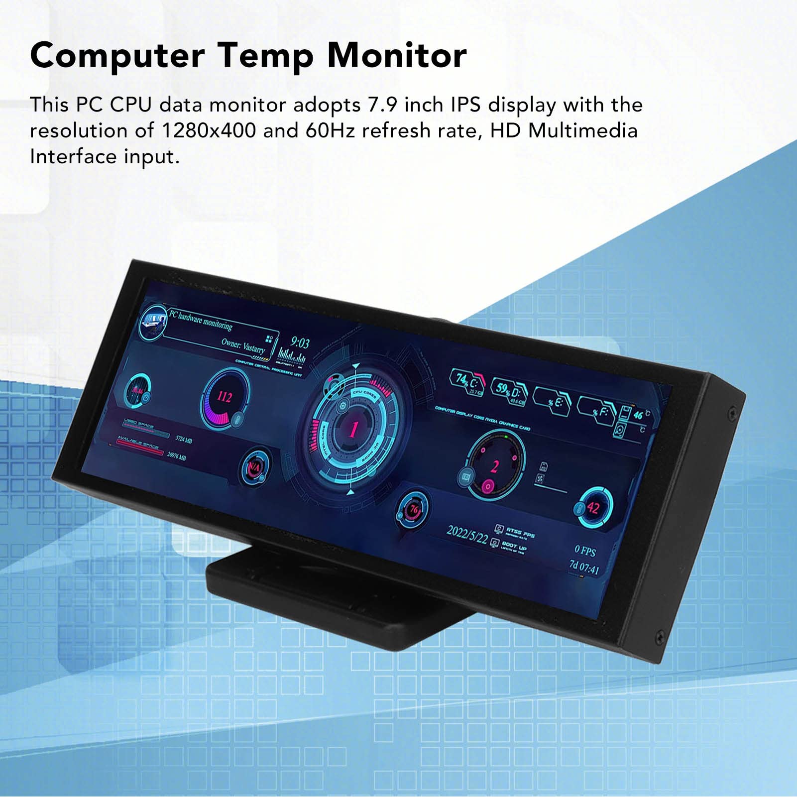 EBTOOLS PC CPU Data Monitor, 7.9 Inch IPS Screen, Customizable Theme Editor, Rotatable, Auto Off, USB Power, Dimmable Computer Temp Monitor, for CPU GPU RAM