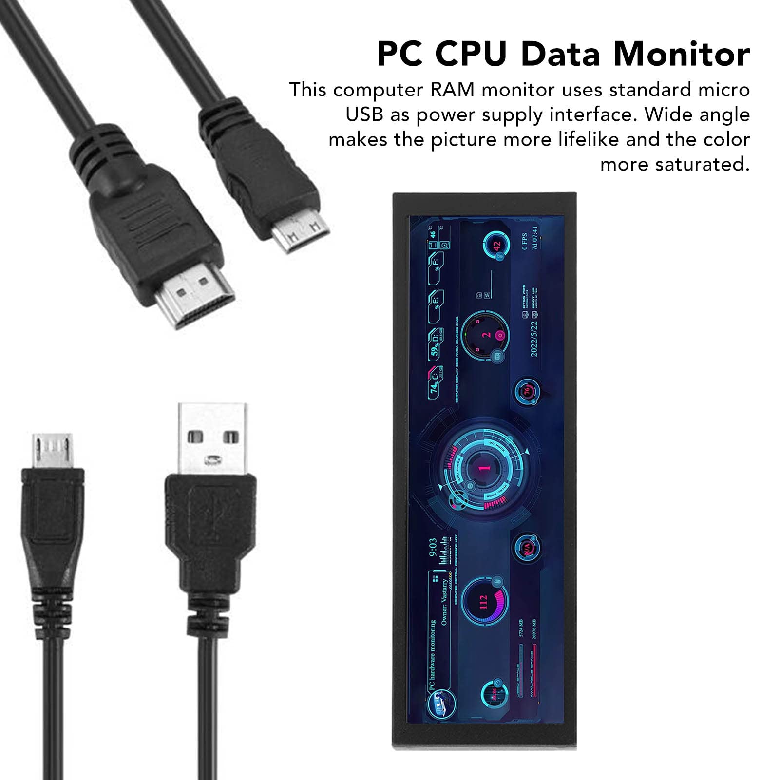 EBTOOLS PC CPU Data Monitor, 7.9 Inch IPS Screen, Customizable Theme Editor, Rotatable, Auto Off, USB Power, Dimmable Computer Temp Monitor, for CPU GPU RAM